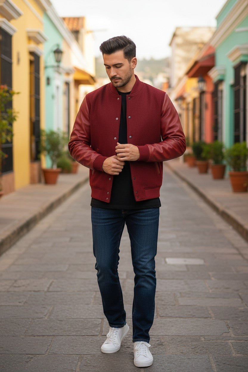 Scarlett Stitch deep red wool-blend varsity bomber jacket with matching red leather sleeves, snap-button front, and ribbed trim.
