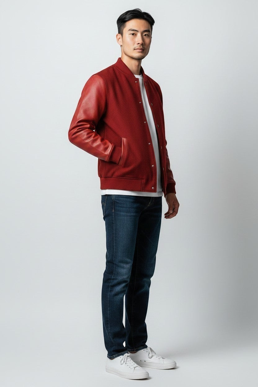 Scarlett Stitch men's deep red wool-blend varsity bomber jacket with matching red leather sleeves, snap front, and ribbed trim.