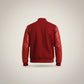 Scarlett Stitch red wool-blend varsity bomber jacket with genuine leather sleeves and ribbed trim.