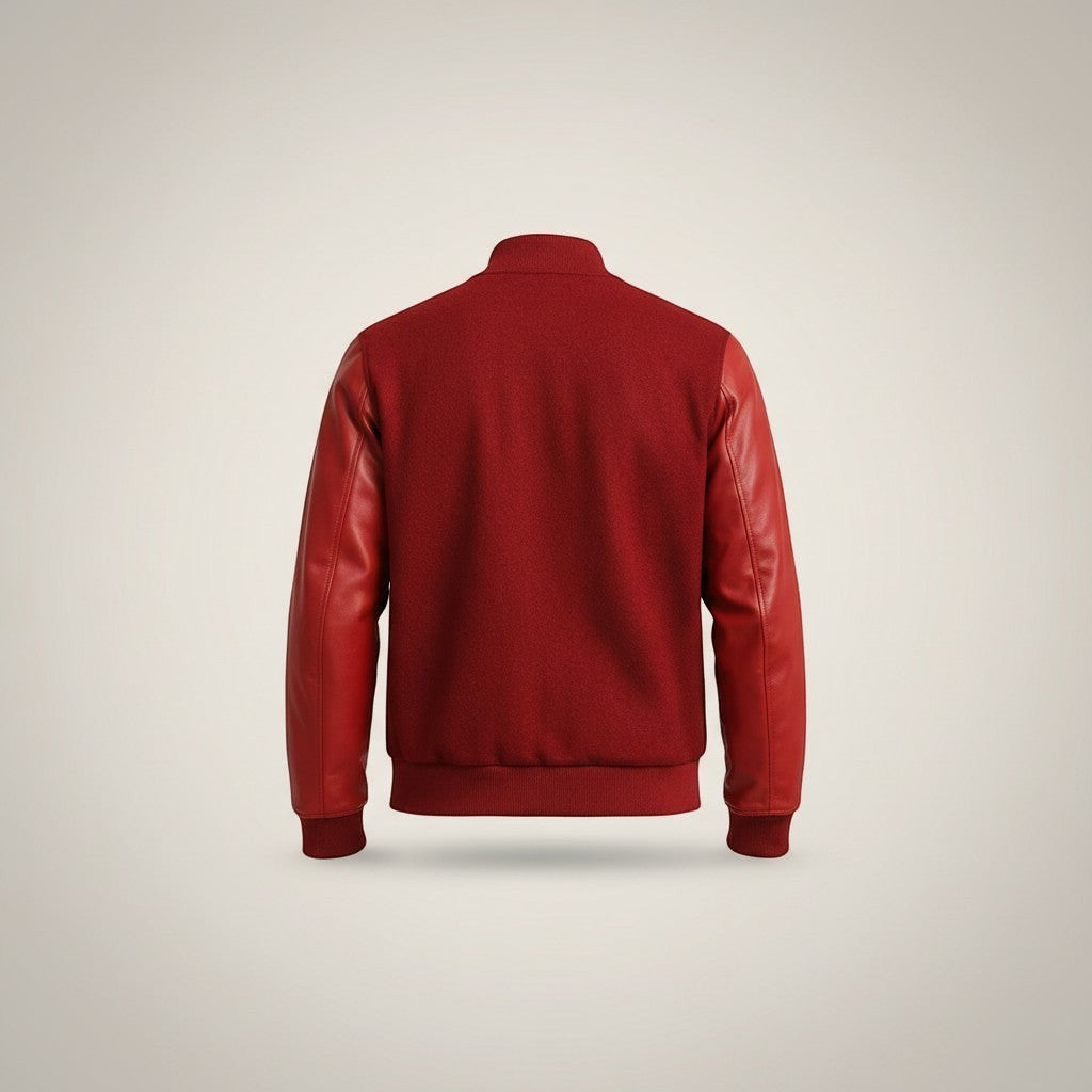 Scarlett Stitch red wool-blend varsity bomber jacket with genuine leather sleeves and ribbed trim.