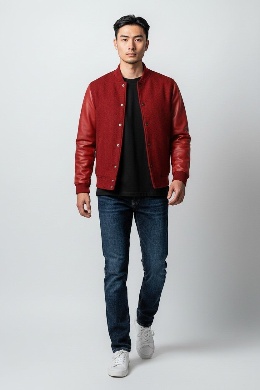 Scarlett Stitch deep red wool-blend varsity bomber jacket with matching red leather sleeves, snap-button front, and ribbed trim.
