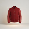 Scarlett Stitch red wool-blend varsity bomber jacket with genuine leather sleeves, snap-button front, and ribbed trim.