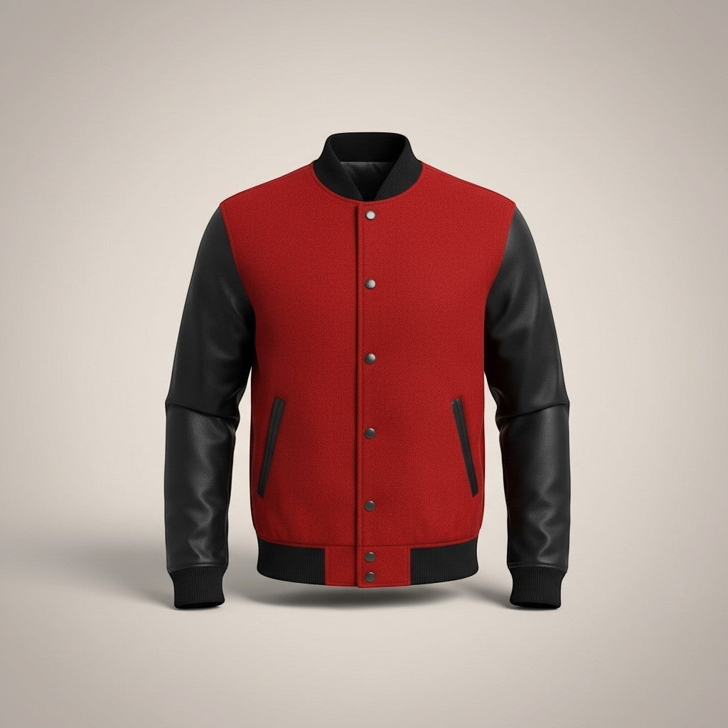 Scarlett Stitch red wool blend varsity bomber jacket with black faux leather sleeves and ribbed trim.