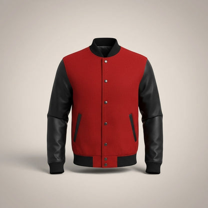 Scarlett Stitch red wool blend varsity bomber jacket with black faux leather sleeves and ribbed trim.