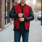 Scarlett Stitch red wool blend varsity bomber jacket with black faux leather sleeves and ribbed trim.