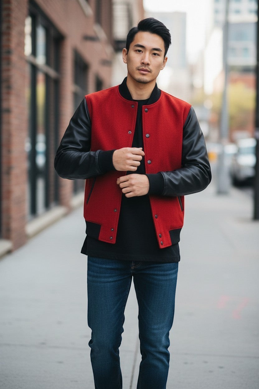 Scarlett Stitch red wool blend varsity bomber jacket with black faux leather sleeves and ribbed trim.