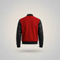 Scarlett Stitch red wool blend varsity bomber jacket with black faux leather sleeves and ribbed trim.