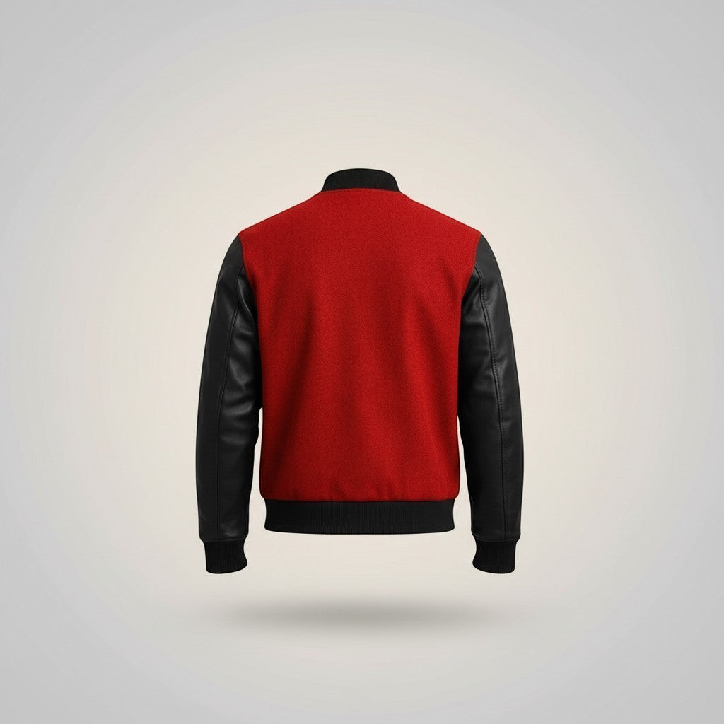 Scarlett Stitch red wool blend varsity bomber jacket with black faux leather sleeves and ribbed trim.