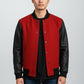 Scarlett Stitch red wool blend varsity bomber jacket with black faux leather sleeves and ribbed trim.