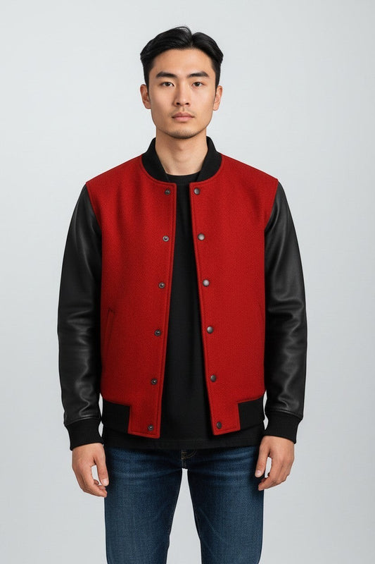 Scarlett Stitch red wool blend varsity bomber jacket with black faux leather sleeves and ribbed trim.