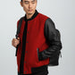 Scarlett Stitch red wool blend varsity bomber jacket with black faux leather sleeves and ribbed knit trim.