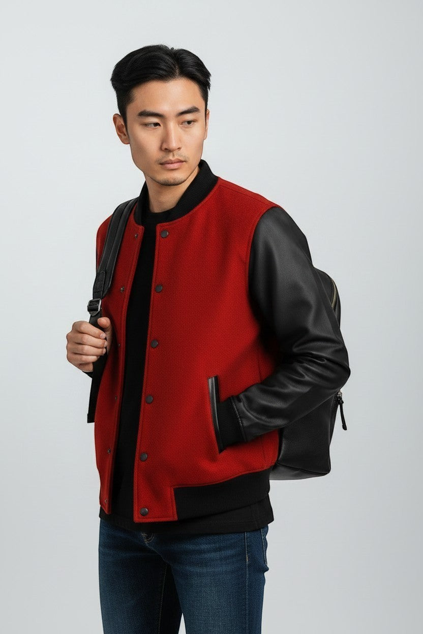 Scarlett Stitch red wool blend varsity bomber jacket with black faux leather sleeves and ribbed knit trim.