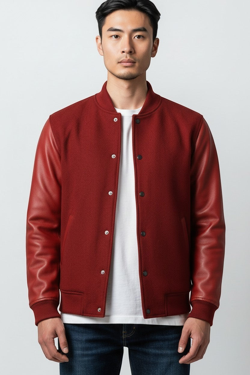 Scarlett Stitch red wool-blend varsity bomber jacket with genuine leather sleeves, snap-button front, and ribbed trim.