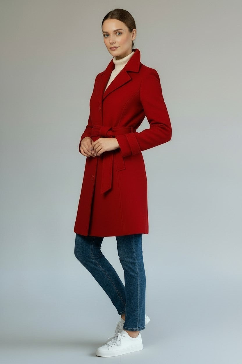 Scarlett Stitch red wool-blend belted coat with notched lapel and buckle detail.