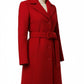 Scarlett Stitch red wool-blend belted coat with notched lapel and buckle detail. Single-breasted, tailored fit.