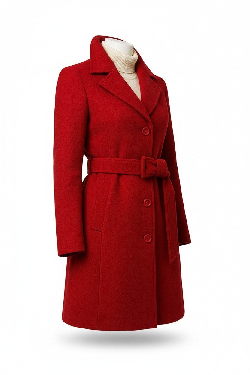 Scarlett Stitch red wool-blend belted coat with notched lapel and buckle detail. Single-breasted, tailored fit.