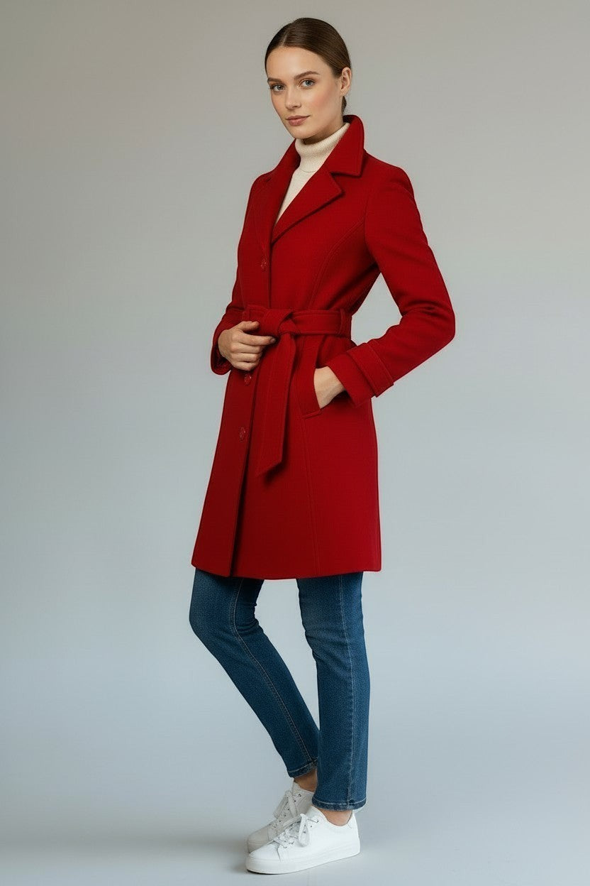 Scarlett Stitch red wool-blend belted coat with notched lapel and buckle detail. Single-breasted, two-button front.