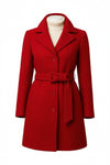 Scarlett Stitch red wool-blend belted coat with notched lapel and buckle detail. Single-breasted, tailored fit.