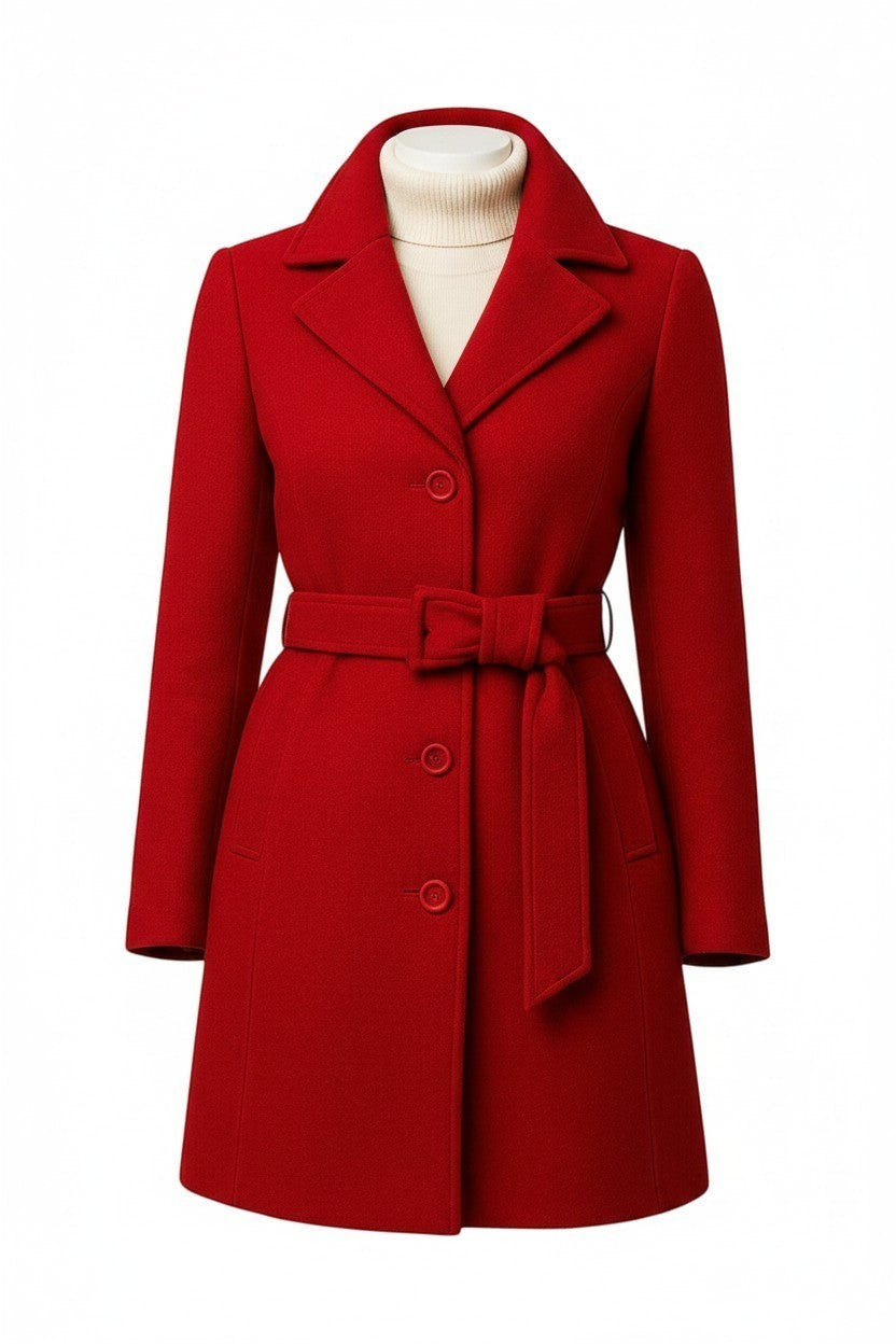 Scarlett Stitch red wool-blend belted coat with notched lapel and buckle detail. Single-breasted, tailored fit.