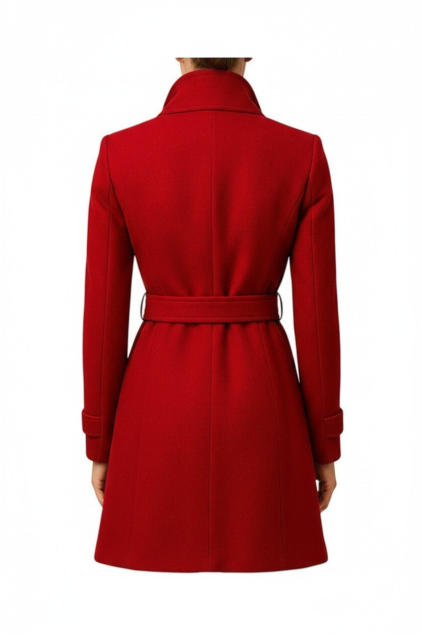 Scarlett Stitch red wool-blend belted coat with notched lapel and buckle detail. Single-breasted, tailored fit.