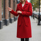 Scarlett Stitch red wool-blend belted coat with notched lapel and buckle detail. Single-breasted, tailored fit.