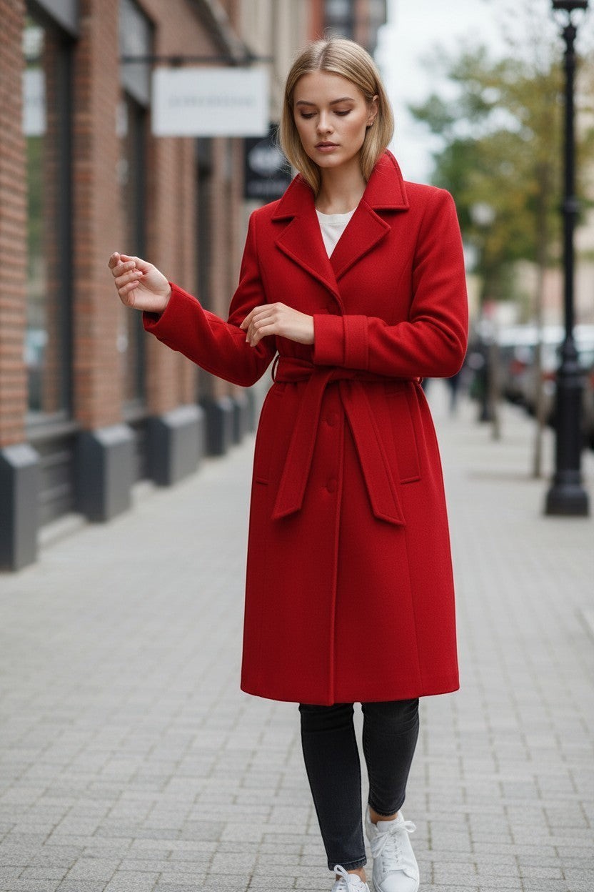 Scarlett Stitch red wool-blend belted coat with notched lapel and buckle detail. Single-breasted, tailored fit.