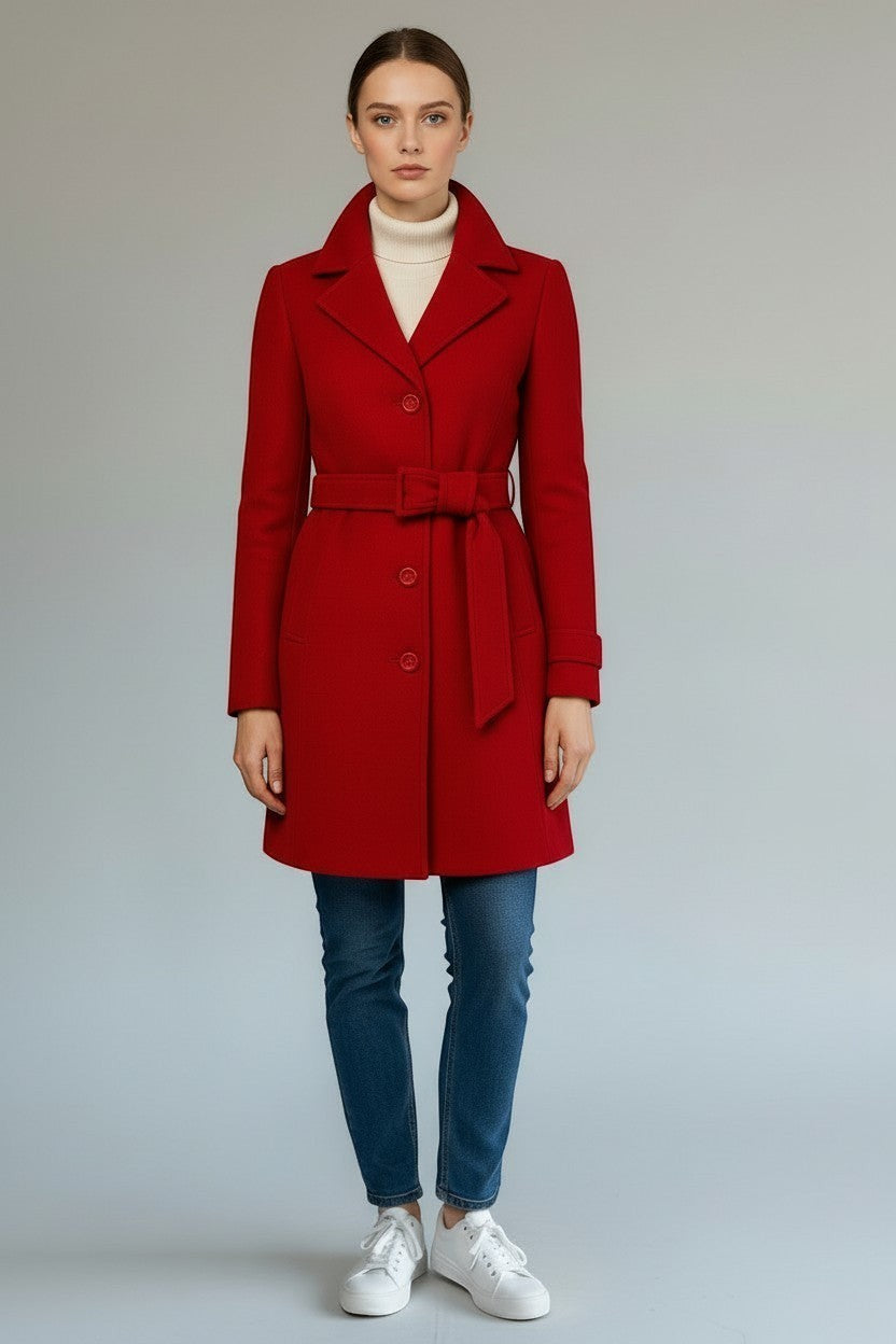 Scarlett Stitch red wool-blend coat with notched lapel, belted waist, and button front. Timeless style for chilly days.