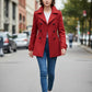 Scarlett Stitch red wool blend double-breasted peacoat with notched lapel and dark buttons.