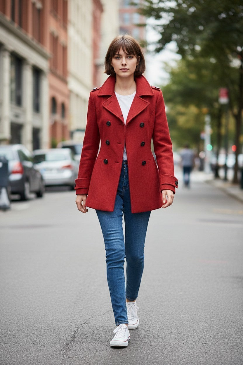 Scarlett Stitch red wool blend double-breasted peacoat with notched lapel and dark buttons.