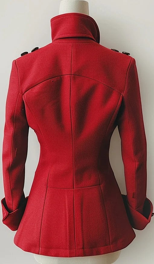 Scarlett Stitch red wool blend double-breasted peacoat with notched lapel, epaulets, and cuffed sleeves.