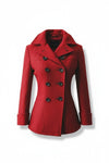 Scarlett Stitch red wool blend double-breasted peacoat with notched lapel and cuffed sleeves.