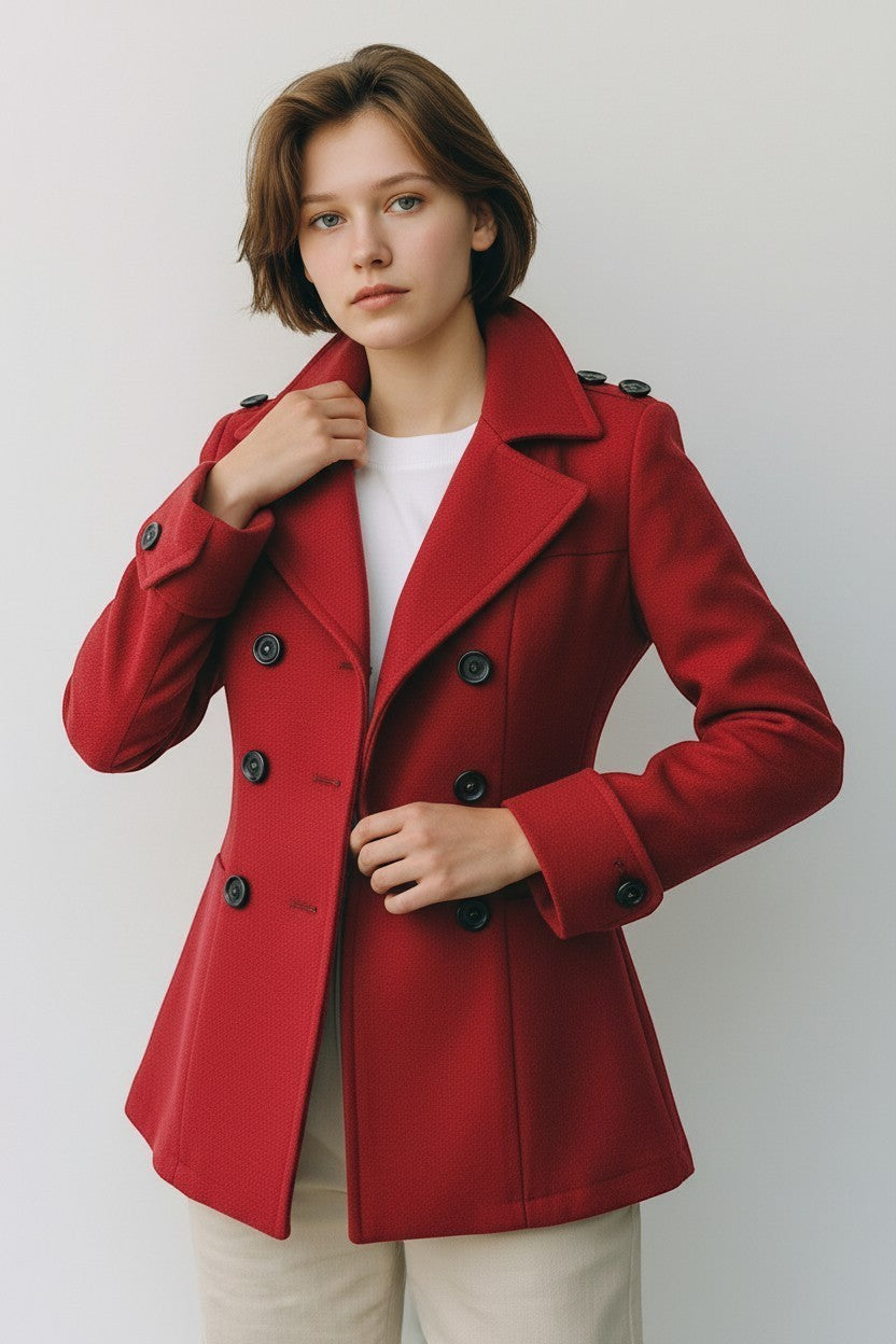 Scarlett Stitch red wool blend double-breasted peacoat with notched lapel, epaulets, and dark buttons.
