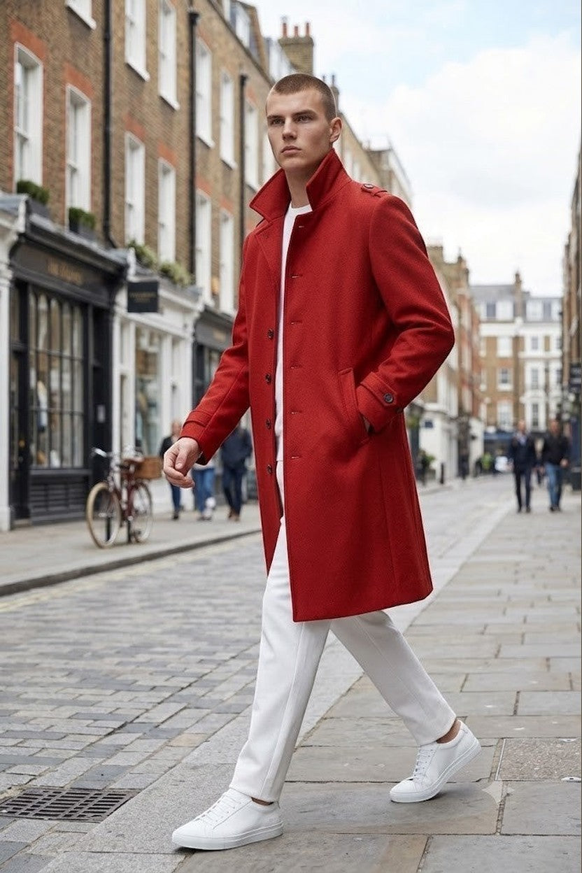 Scarlett Stitch men's red wool-blend military-style overcoat with button-down front and epaulets.