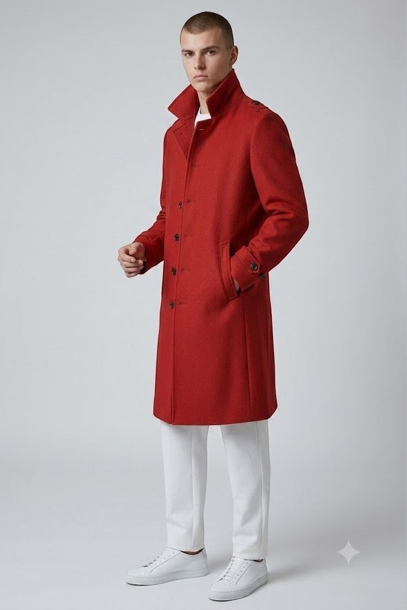 Scarlett Stitch Men's red wool-blend military-style overcoat with button-down front and epaulets.