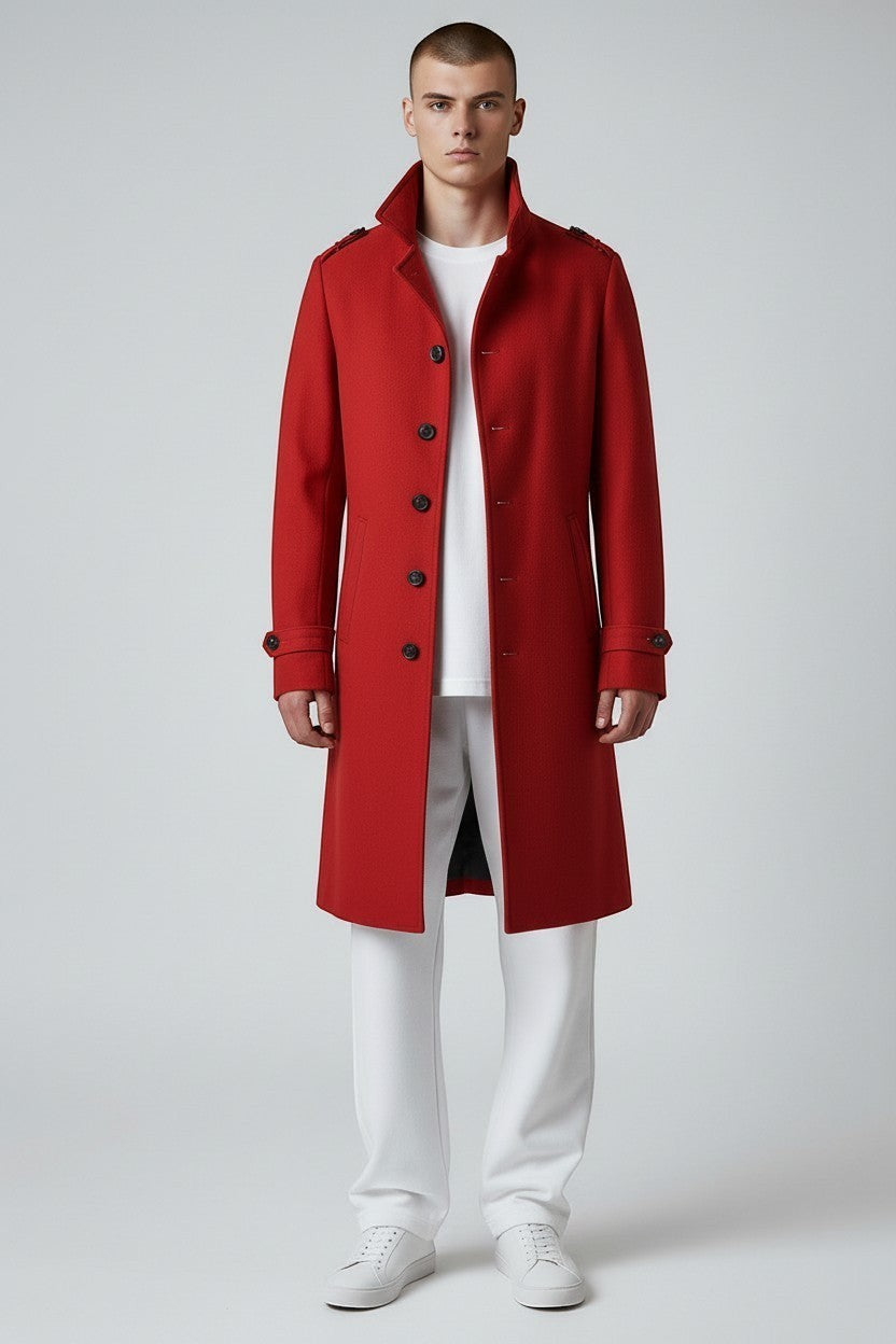 Scarlett Stitch men's red wool-blend military-style overcoat with button-down front and epaulets.