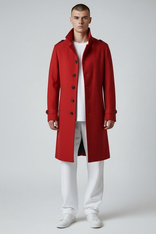 Scarlett Stitch men's red wool-blend military-style overcoat with button-down front and epaulets.
