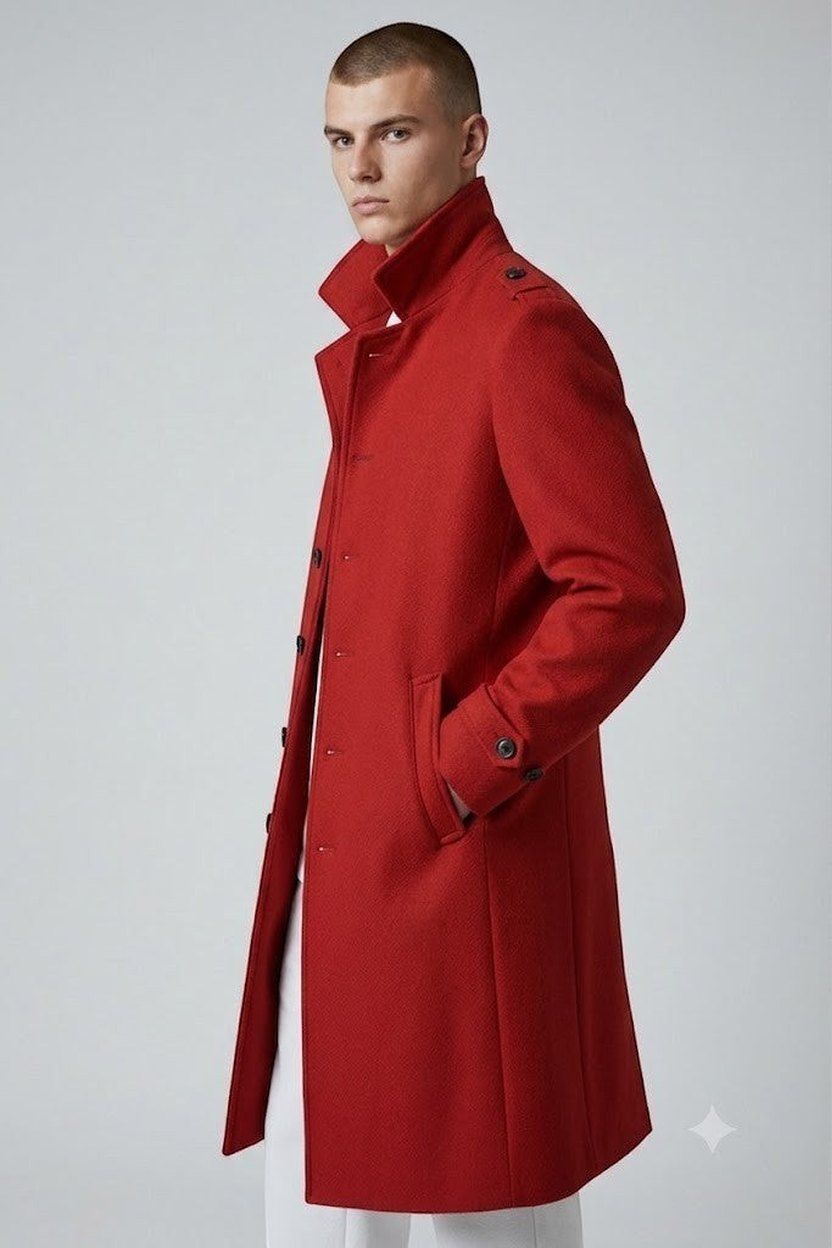 Scarlett Stitch men's red wool-blend military-style overcoat with button-down front and epaulets.