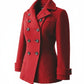 Scarlett Stitch red wool blend double-breasted peacoat with notched lapel, epaulets, and dark buttons.