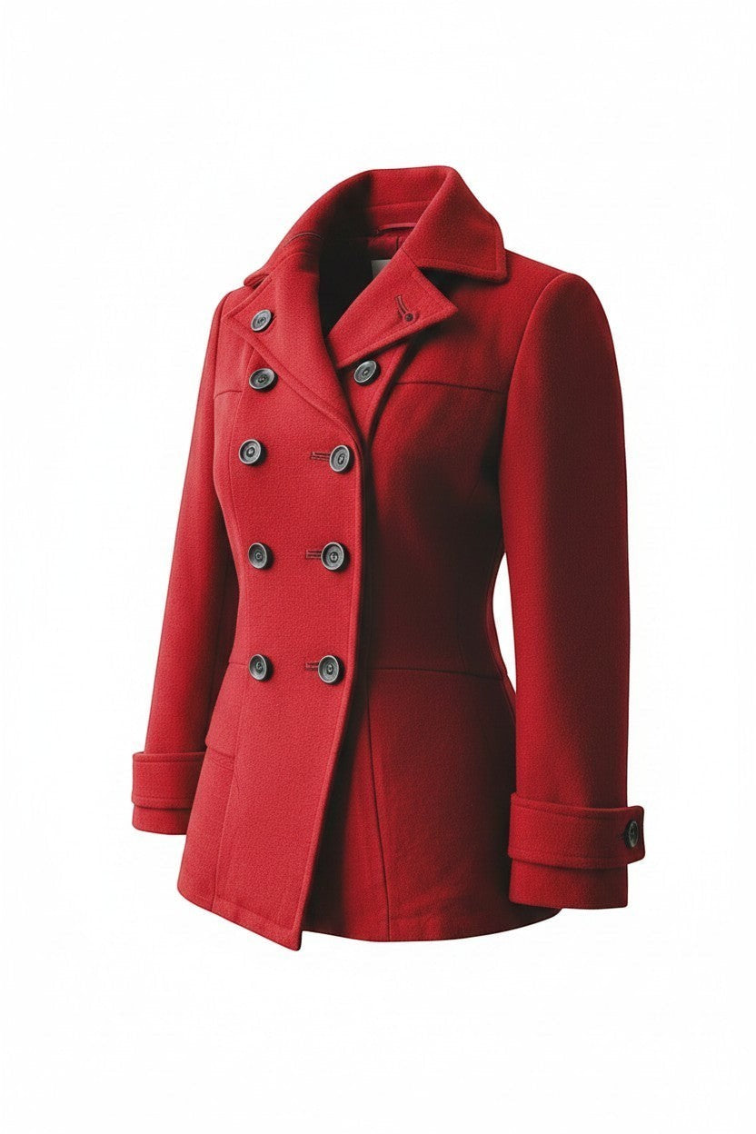 Scarlett Stitch red wool blend double-breasted peacoat with notched lapel, epaulets, and dark buttons.