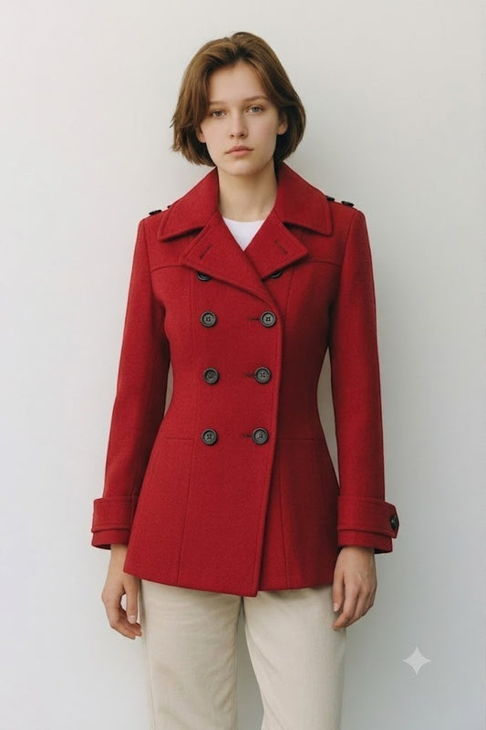 Scarlett Stitch red wool blend double-breasted peacoat with notched lapel and cuffed sleeves.