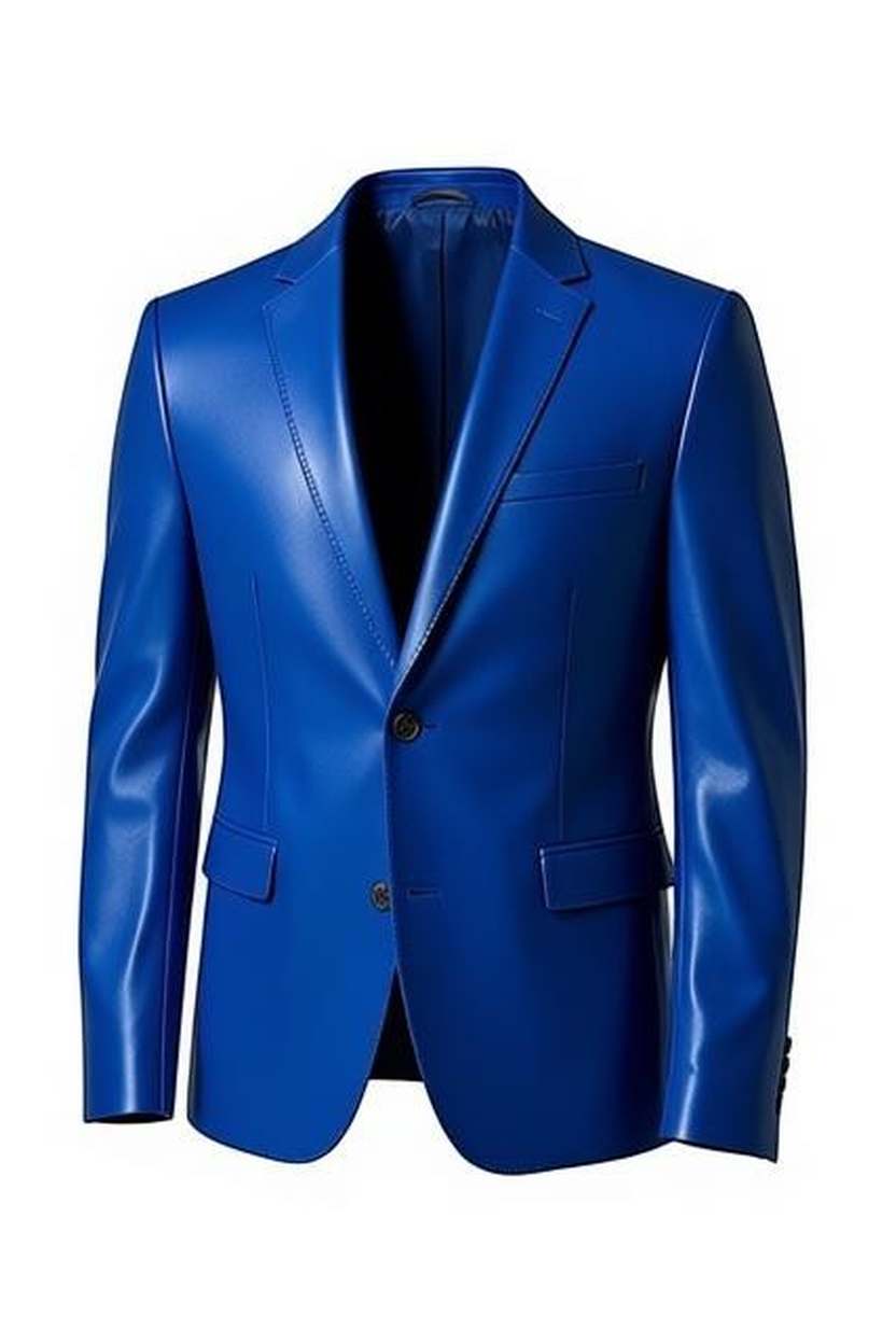Scarlett Stitch royal blue faux leather blazer with a tailored fit, notch lapel, and two-button front closure.
