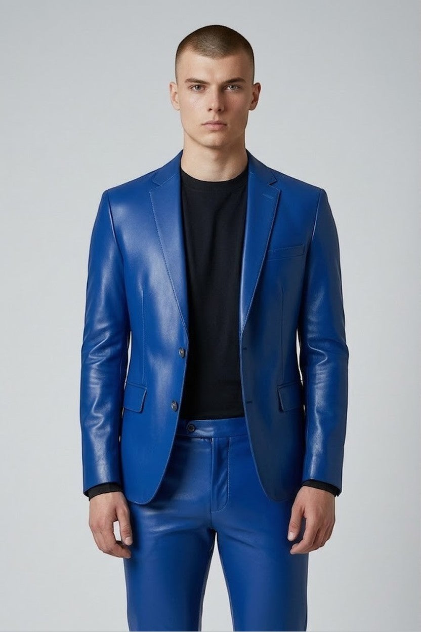 Model wearing a royal blue Scarlett Stitch faux leather blazer with notch lapels and two-button closure.