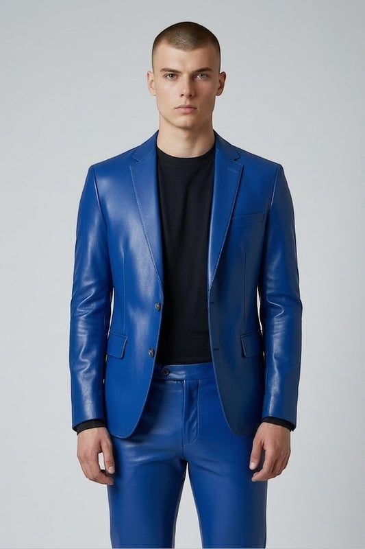 Model wearing a royal blue Scarlett Stitch faux leather blazer with notch lapels and two-button closure.