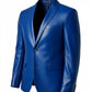 Scarlett Stitch royal blue faux leather blazer with notch lapels and two-button closure for a tailored formal look.