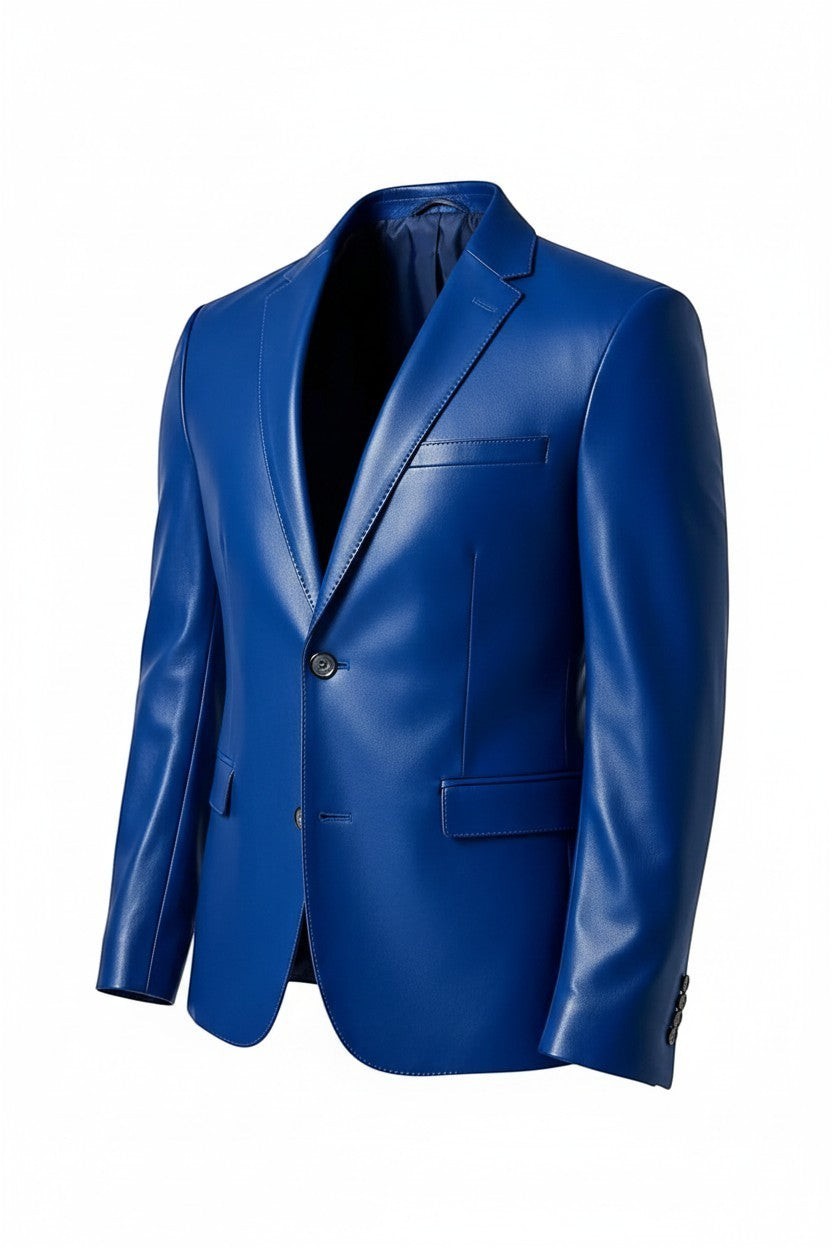 Scarlett Stitch royal blue faux leather blazer with notch lapels and two-button closure for a tailored formal look.