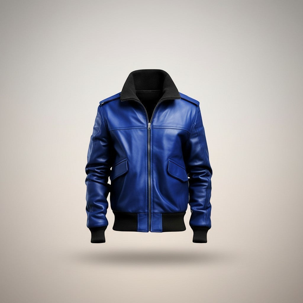 Scarlett Stitch royal blue leather bomber jacket with black collar, cuffs, and hem. Features zip front, flap pockets, and epaulets.