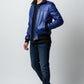 Scarlett Stitch royal blue leather bomber jacket with black ribbed collar, cuffs, and hem. Men's style.