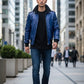 Scarlett Stitch royal blue leather bomber jacket with black collar, cuffs, and hem. Men's fashion.