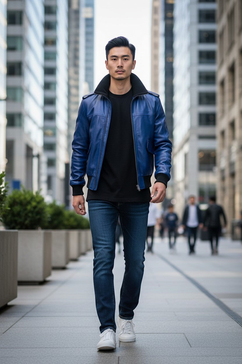 Scarlett Stitch royal blue leather bomber jacket with black collar, cuffs, and hem. Men's fashion.