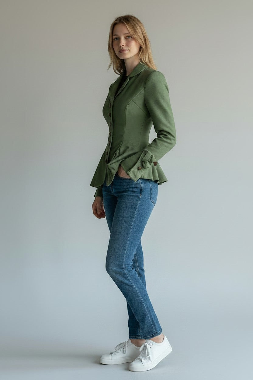 Scarlett Stitch sage green tailored peplum jacket with button detail and bow cuffs, worn by a model with jeans.